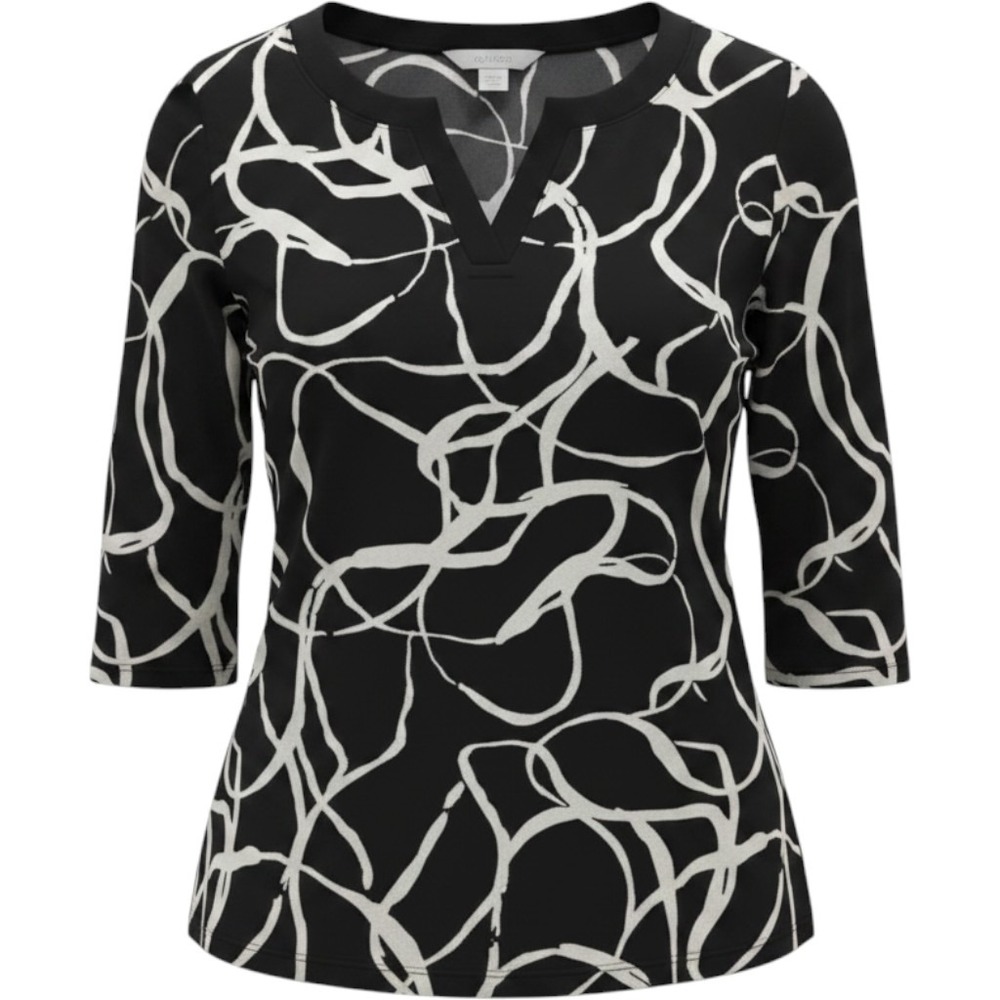 CHICO'S 2 Travelers NEW (Size 12/14) Black & White Swirl Print 3/4 Sleeve Blouse